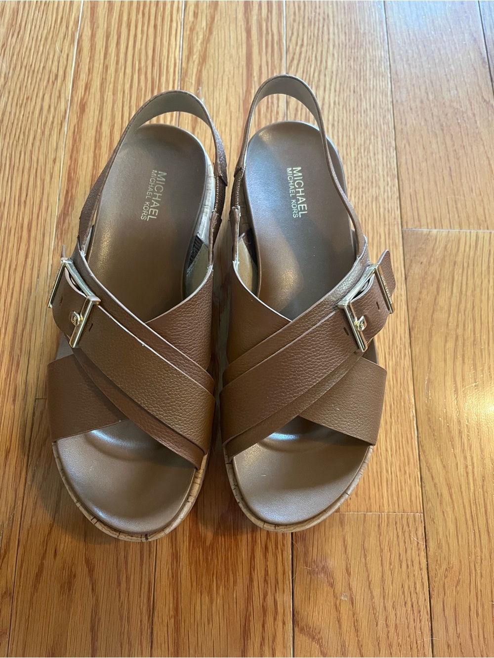 MICHAEL Michael Kors Chestnut Brown Leather Cross-Strap Wedge Sandals - SIZE 6.5